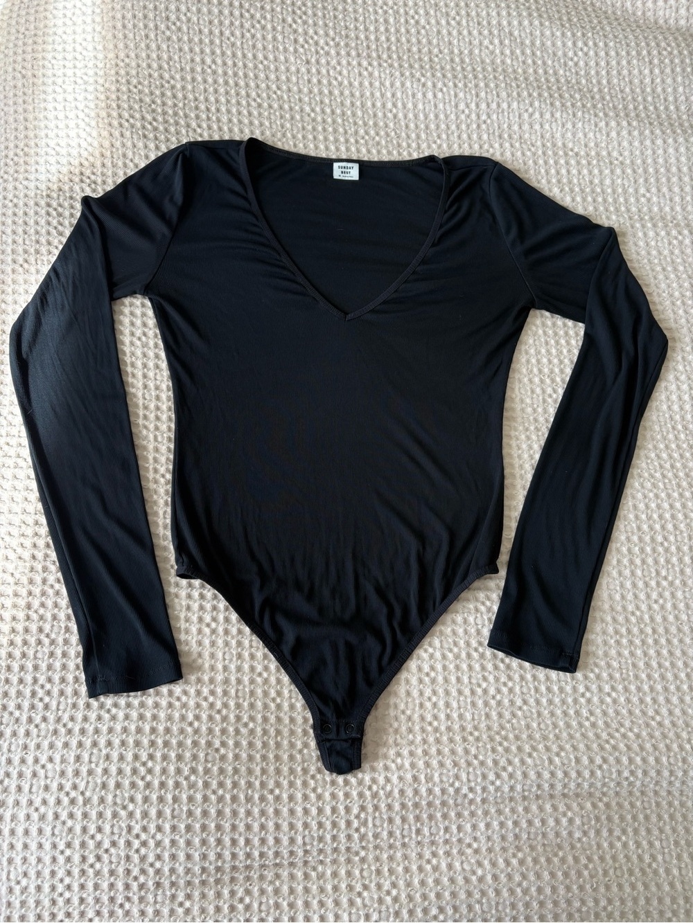 aritzia, sunday best - ribbed, v-neck, long sleeve, black bodysuit